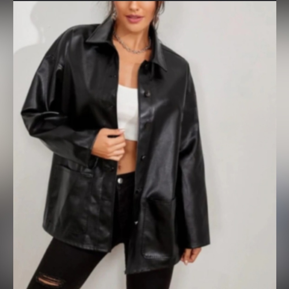 NWT Cider Black Oversized Faux Leather Blazer Jacket Size XL - Picture 2 of 12
